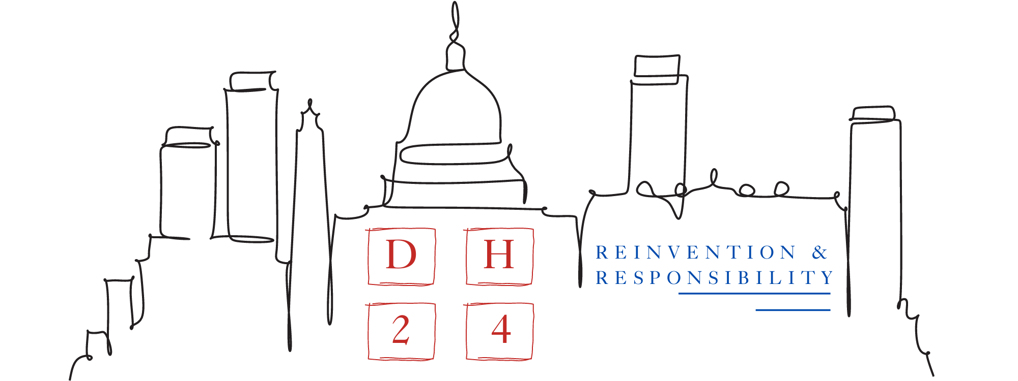 outline of DC skyline with four red squares, each with a letter reading DH24, and the blue text "Reinvention & Responsibility"