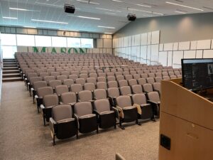 auditorium seating showing location of steps and railed off section of accessible seating in center