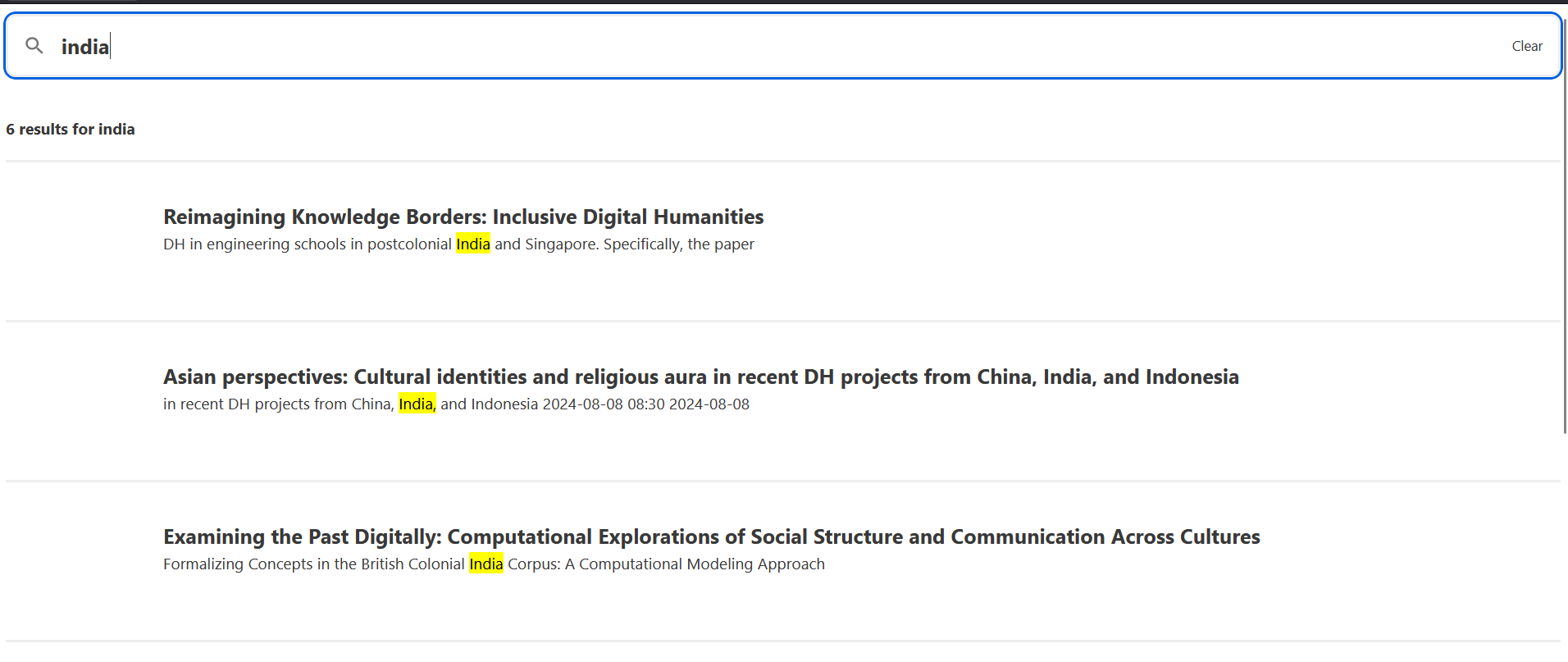 an app with the word India highlighted in various titles and sub details